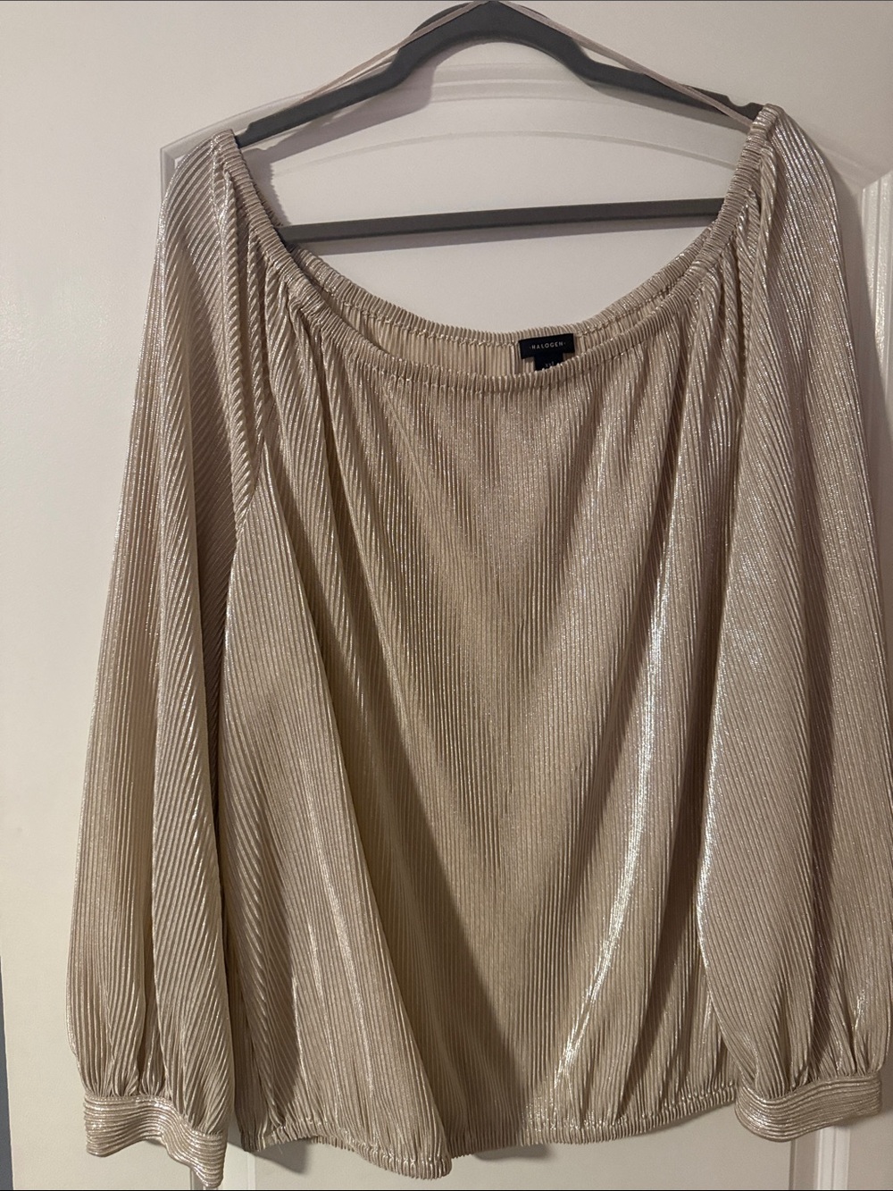 Halogen Champagne Metallic Off-Shoulder Pleated Blouse